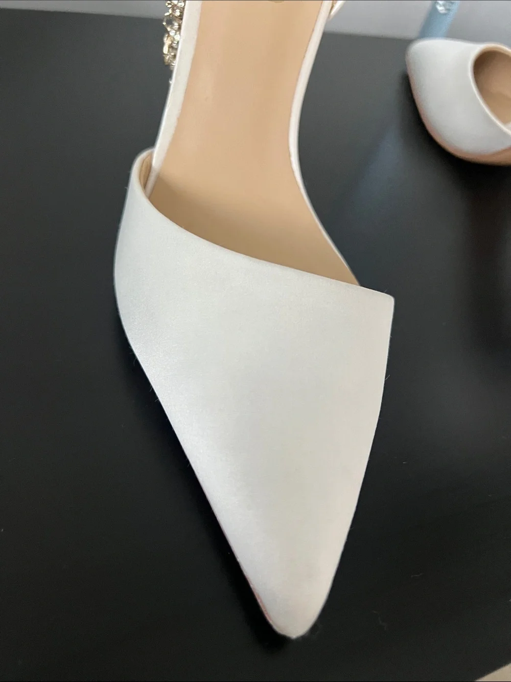 Harlow White Pointed D'Orsay Heels with Crystal Strap